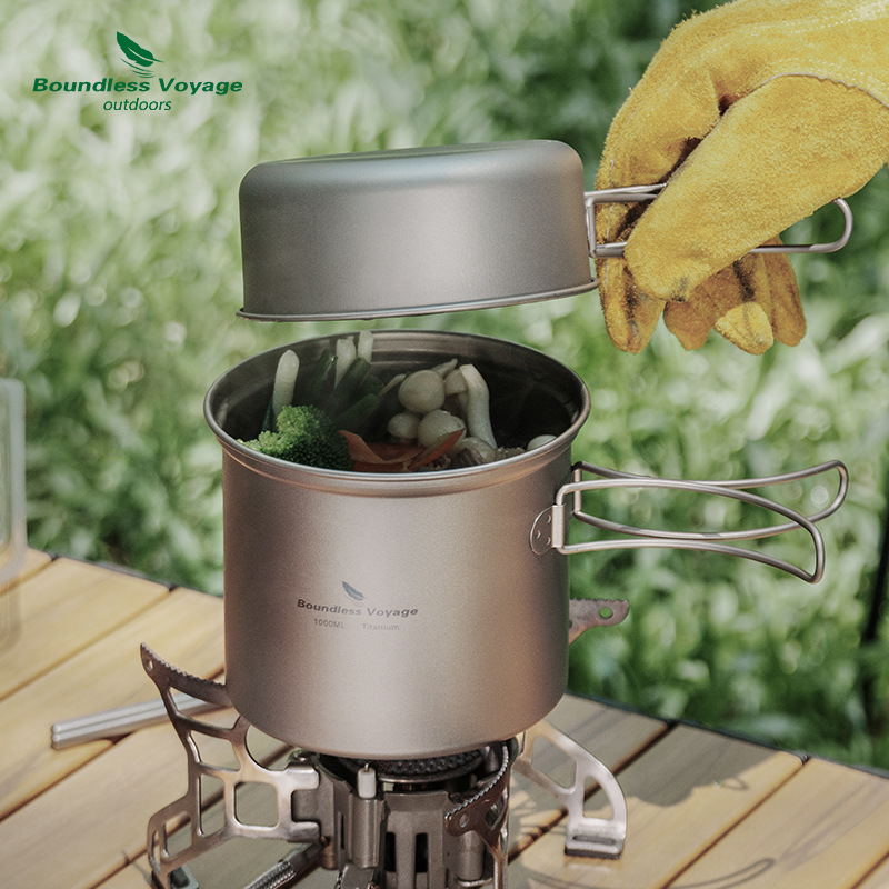 Camping Outdoor Cooking Set - Pure Titanium Folding Boiling Pot+ Frying